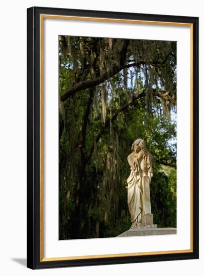 Graveyard Statue and Trees Draped in Spanish Moss at Entrance to Bonaventure Cemetery-Paul Souders-Framed Photographic Print