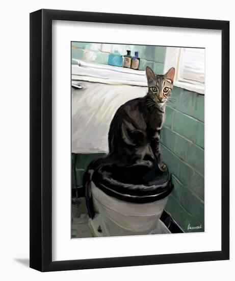 Gray Tiger Cat on the Toilet-Robert Mcclintock-Framed Art Print