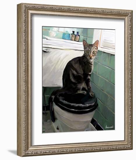 Gray Tiger Cat on the Toilet-Robert Mcclintock-Framed Art Print