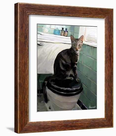 Gray Tiger Cat on the Toilet-Robert Mcclintock-Framed Art Print