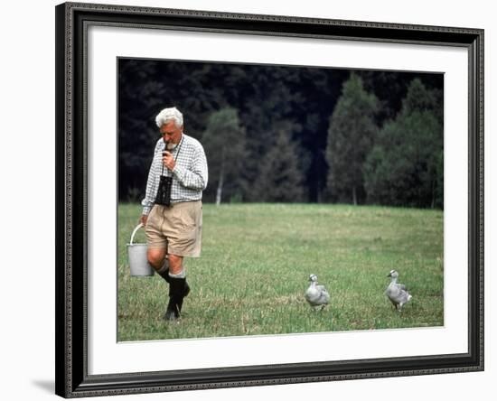 Grayleg Geese Follow Austrian Ethologist Konrad Lorenz who Taught them to Accept Him as its Mother-Nina Leen-Framed Premium Photographic Print