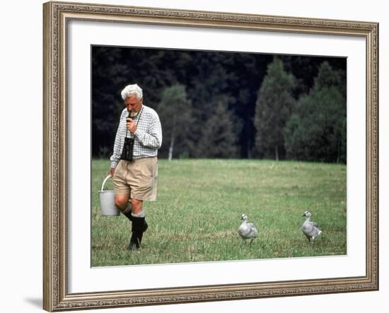 Grayleg Geese Follow Austrian Ethologist Konrad Lorenz who Taught them to Accept Him as its Mother-Nina Leen-Framed Premium Photographic Print