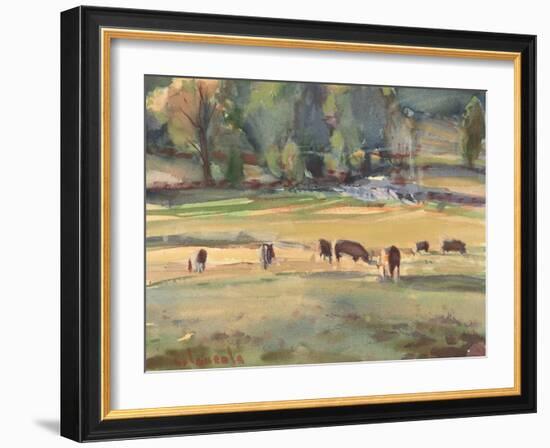 Grazing Cows Watercolor-Stephen Calcasola-Framed Art Print