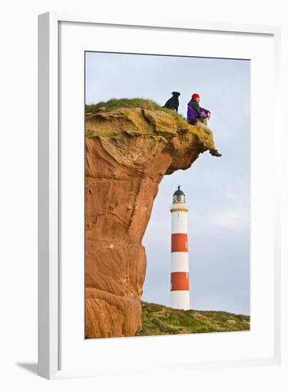 Great Britain, Scotland, Tarbat Ness, Lighthouse, Rock, Man, Dog, Sit-Rainer Mirau-Framed Photographic Print