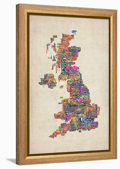 Great Britain UK City Text Map-Michael Tompsett-Framed Stretched Canvas