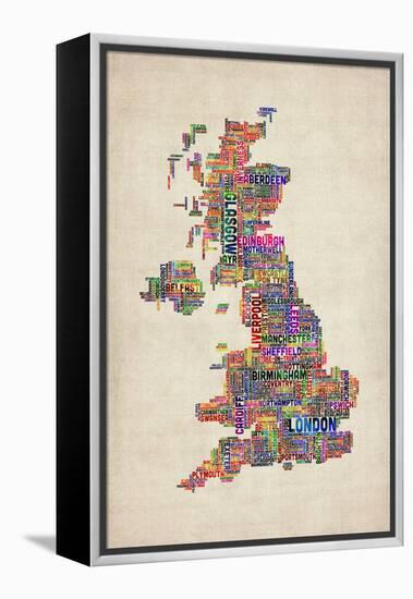 Great Britain UK City Text Map-Michael Tompsett-Framed Stretched Canvas