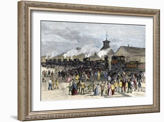 Great Railroad Strike Workers Blockade the Locomotive Engines at Martinsburg, West Virginia, 1877-null-Framed Giclee Print