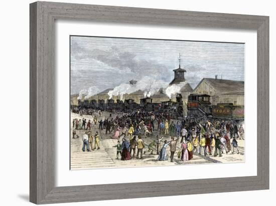 Great Railroad Strike Workers Blockade the Locomotive Engines at Martinsburg, West Virginia, 1877-null-Framed Giclee Print