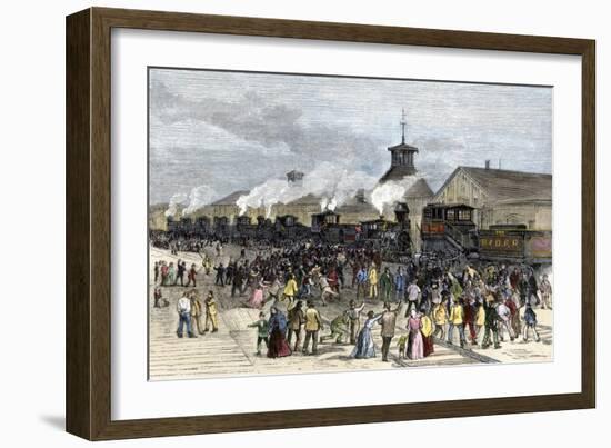 Great Railroad Strike Workers Blockade the Locomotive Engines at Martinsburg, West Virginia, 1877-null-Framed Giclee Print