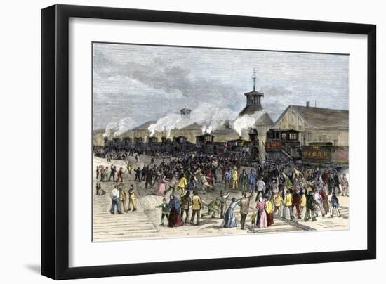 Great Railroad Strike Workers Blockade the Locomotive Engines at Martinsburg, West Virginia, 1877-null-Framed Giclee Print