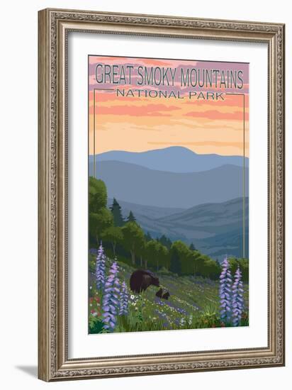 Great Smoky Mountains National Park - Bear and Spring Flowers-Lantern Press-Framed Art Print