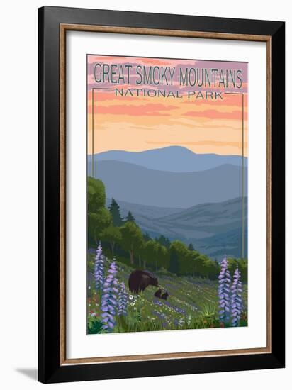 Great Smoky Mountains National Park - Bear and Spring Flowers-Lantern Press-Framed Art Print