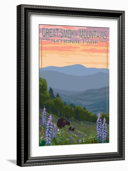 Great Smoky Mountains National Park - Bear and Spring Flowers-Lantern Press-Framed Art Print