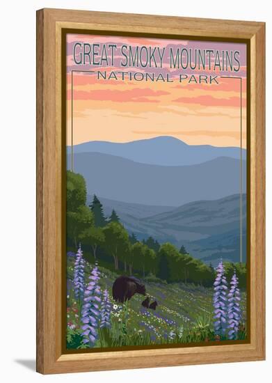 Great Smoky Mountains National Park - Bear and Spring Flowers-Lantern Press-Framed Stretched Canvas