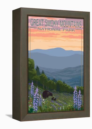Great Smoky Mountains National Park - Bear and Spring Flowers-Lantern Press-Framed Stretched Canvas