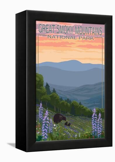 Great Smoky Mountains National Park - Bear and Spring Flowers-Lantern Press-Framed Stretched Canvas