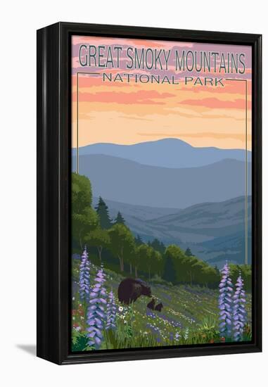 Great Smoky Mountains National Park - Bear and Spring Flowers-Lantern Press-Framed Stretched Canvas