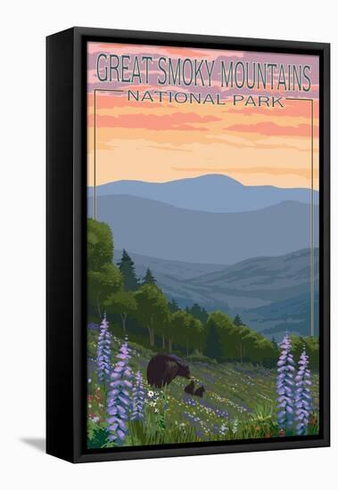 Great Smoky Mountains National Park - Bear and Spring Flowers-Lantern Press-Framed Stretched Canvas