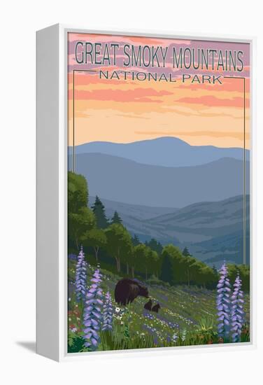 Great Smoky Mountains National Park - Bear and Spring Flowers-Lantern Press-Framed Stretched Canvas