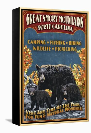 Great Smoky Mountains, North Carolina - Black Bears Vintage Sign-Lantern Press-Framed Stretched Canvas