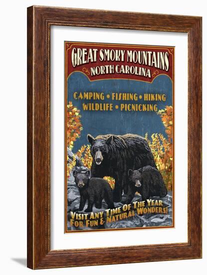 Great Smoky Mountains, North Carolina - Black Bears Vintage Sign-Lantern Press-Framed Art Print