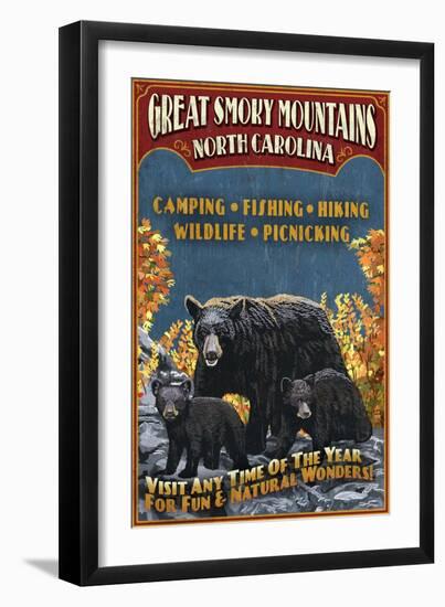 Great Smoky Mountains, North Carolina - Black Bears Vintage Sign-Lantern Press-Framed Art Print