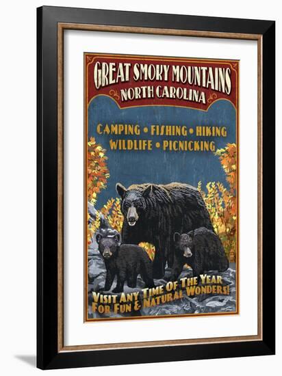 Great Smoky Mountains, North Carolina - Black Bears Vintage Sign-Lantern Press-Framed Art Print