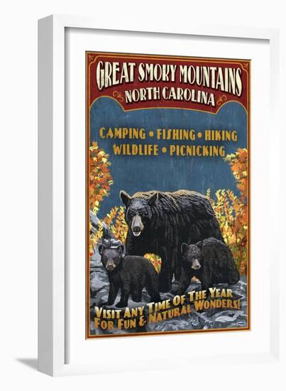 Great Smoky Mountains, North Carolina - Black Bears Vintage Sign-Lantern Press-Framed Art Print