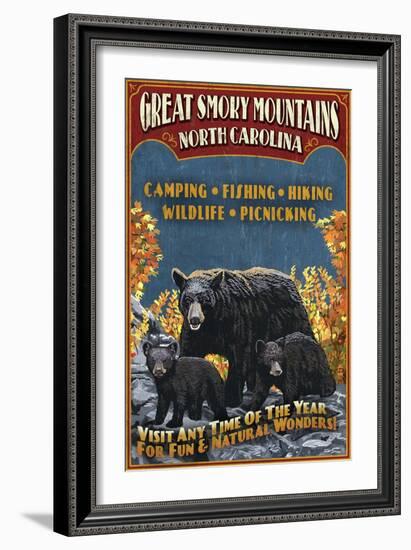 Great Smoky Mountains, North Carolina - Black Bears Vintage Sign-Lantern Press-Framed Art Print