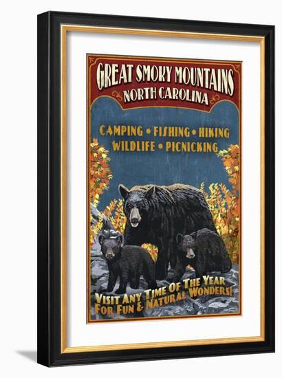Great Smoky Mountains, North Carolina - Black Bears Vintage Sign-Lantern Press-Framed Art Print