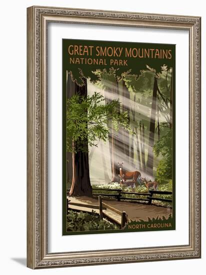 Great Smoky Mountains, North Carolina - Deer and Fawn-Lantern Press-Framed Art Print