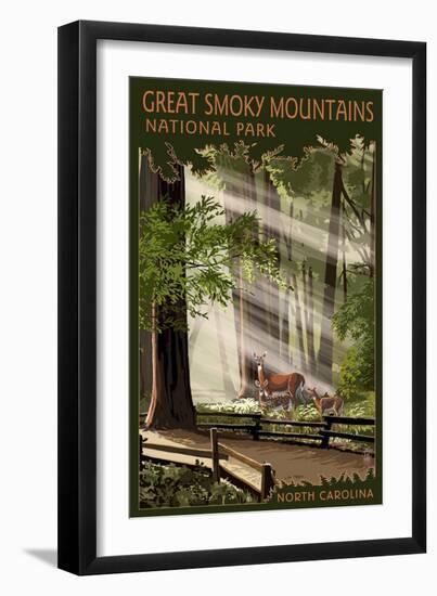 Great Smoky Mountains, North Carolina - Deer and Fawn-Lantern Press-Framed Art Print