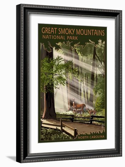 Great Smoky Mountains, North Carolina - Deer and Fawn-Lantern Press-Framed Premium Giclee Print