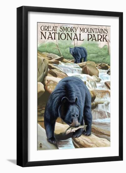 Great Smoky Mts. National Park, TN, Black Bear Fishing-Lantern Press-Framed Premium Giclee Print