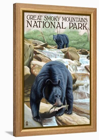 Great Smoky Mts. National Park, TN, Black Bear Fishing-Lantern Press-Framed Stretched Canvas