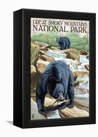 Great Smoky Mts. National Park, TN, Black Bear Fishing-Lantern Press-Framed Stretched Canvas