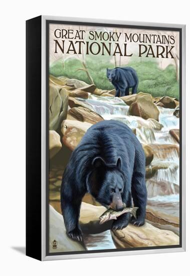 Great Smoky Mts. National Park, TN, Black Bear Fishing-Lantern Press-Framed Stretched Canvas