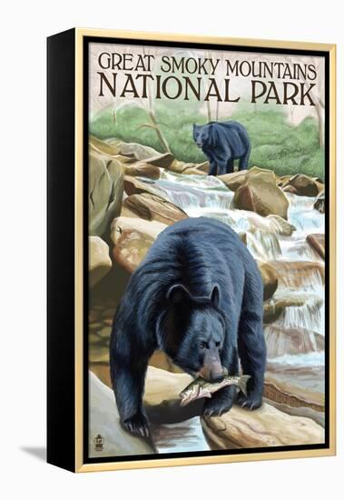 Great Smoky Mts. National Park, TN, Black Bear Fishing-Lantern Press-Framed Stretched Canvas