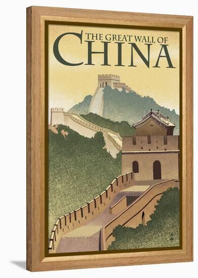 Great Wall of China - Lithograph Style-Lantern Press-Framed Stretched Canvas