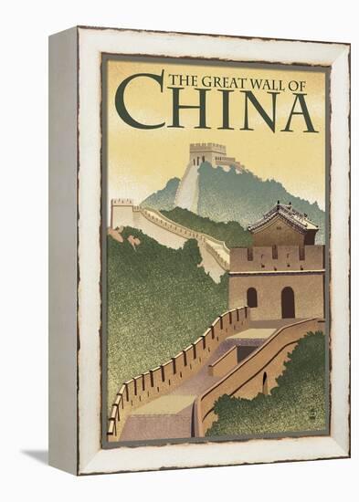 Great Wall of China - Lithograph Style-Lantern Press-Framed Stretched Canvas