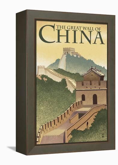 Great Wall of China - Lithograph Style-Lantern Press-Framed Stretched Canvas