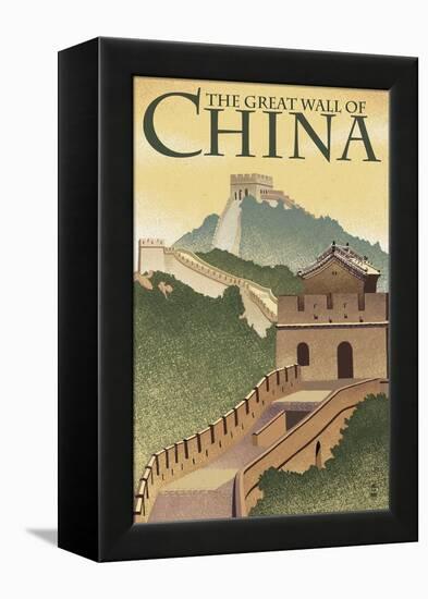 Great Wall of China - Lithograph Style-Lantern Press-Framed Stretched Canvas