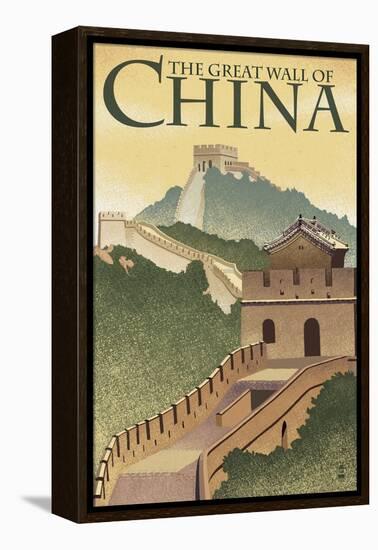 Great Wall of China - Lithograph Style-Lantern Press-Framed Stretched Canvas