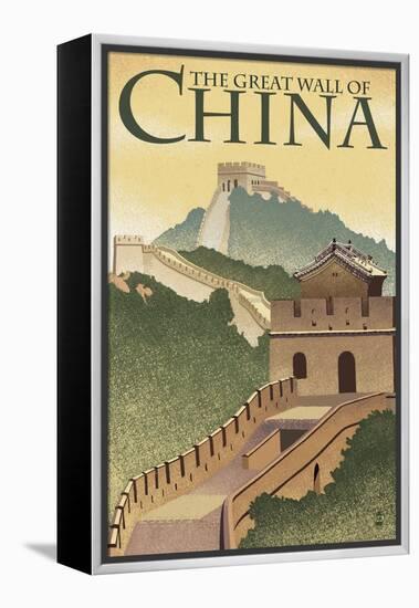 Great Wall of China - Lithograph Style-Lantern Press-Framed Stretched Canvas