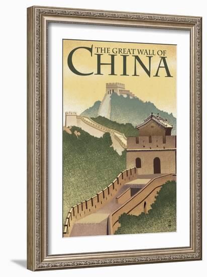 Great Wall of China - Lithograph Style-Lantern Press-Framed Art Print