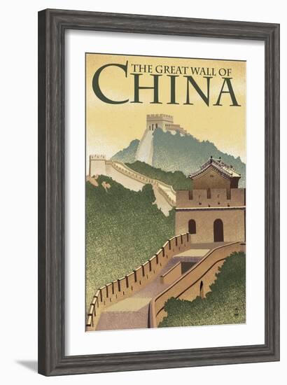 Great Wall of China - Lithograph Style-Lantern Press-Framed Art Print