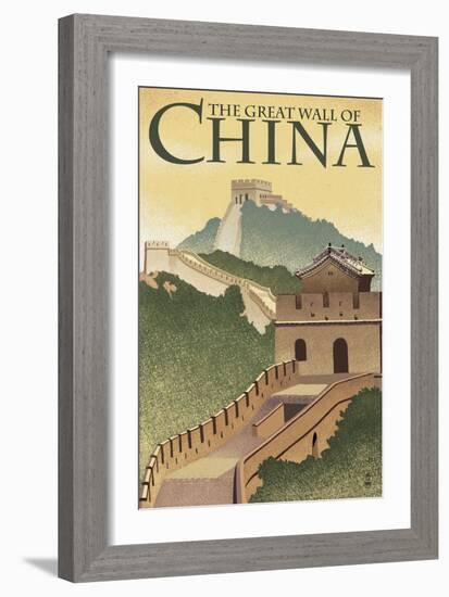 Great Wall of China - Lithograph Style-Lantern Press-Framed Art Print