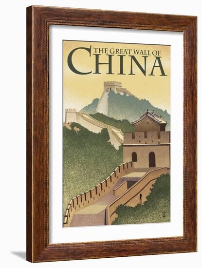 Great Wall of China - Lithograph Style-Lantern Press-Framed Art Print