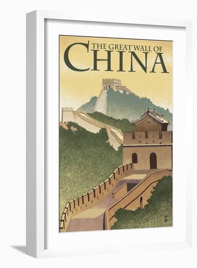 Great Wall of China - Lithograph Style-Lantern Press-Framed Art Print