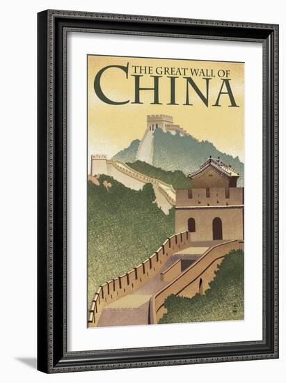 Great Wall of China - Lithograph Style-Lantern Press-Framed Premium Giclee Print